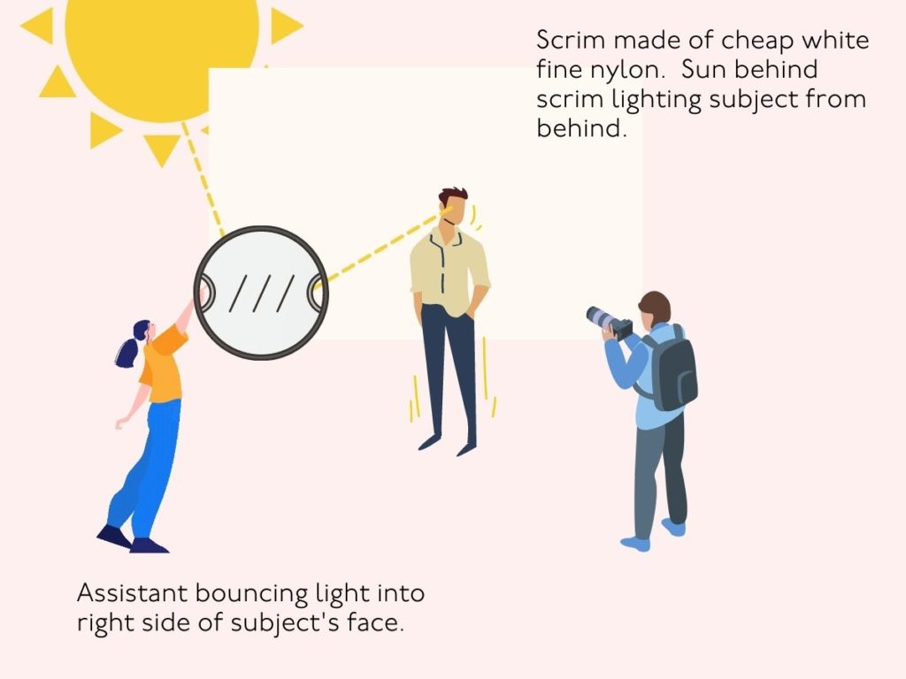 Infographic illustrating high key lighting.
The sun is behind the subject and there's diffusion fabric behind the subject.
An assistant is using a reflector to bounce light onto the left side of the subject's face.