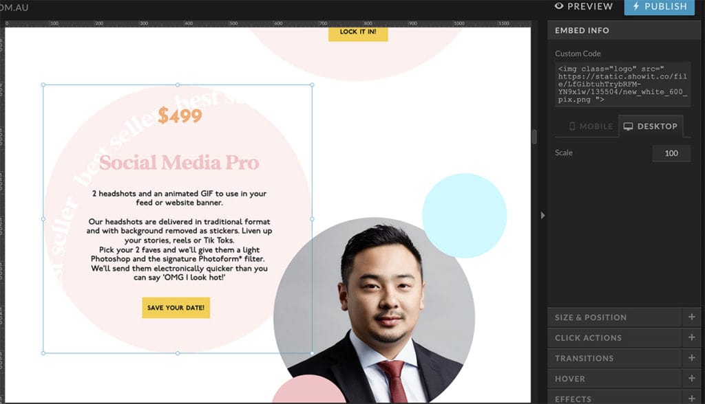 Screenshot showing how to use the Embed Code Box in Showit, and how to put the code into it.
