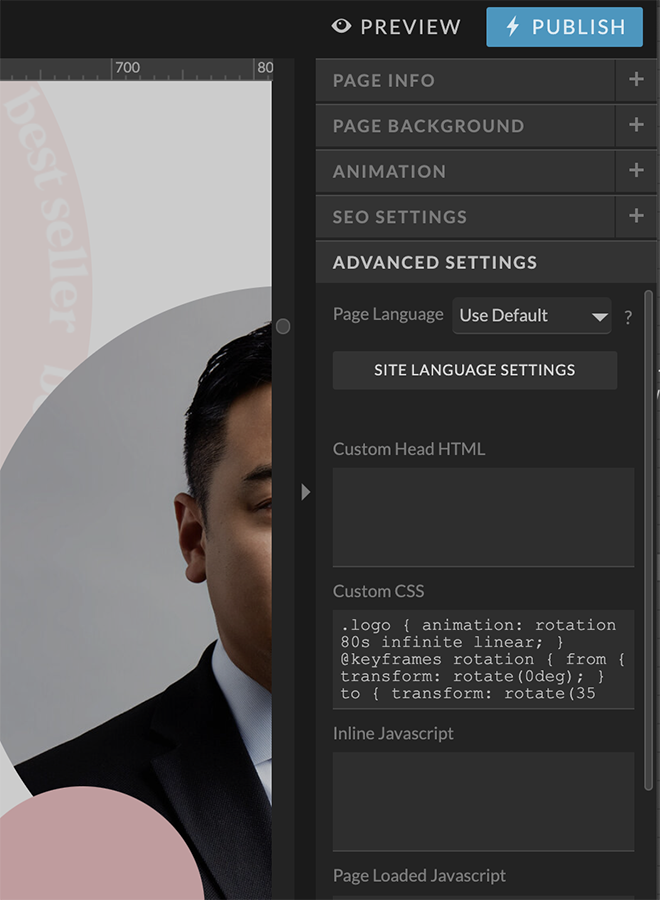 Screenshot showing where to inject the header code Custom CSS in Showit.