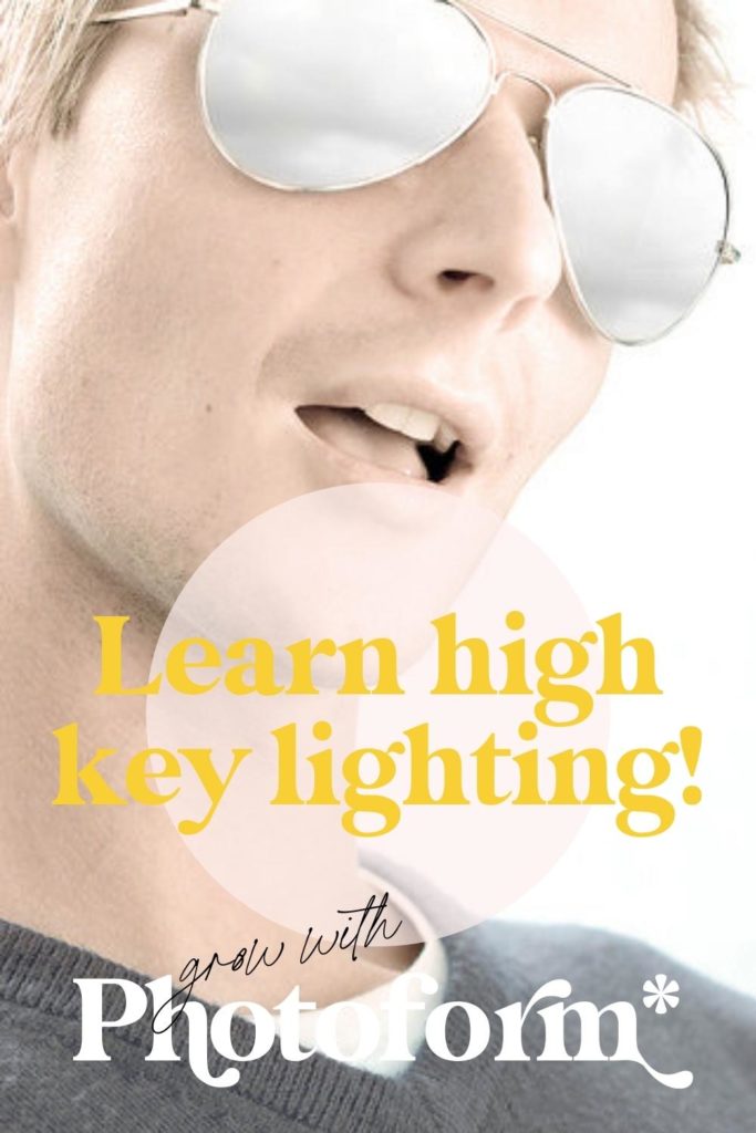 Pinterest Cover illustrating high key lighting.
Man in sunglasses against bright white background.
On the image is 'Learn High Key Lighting' and 'Grow with Photoform*'.