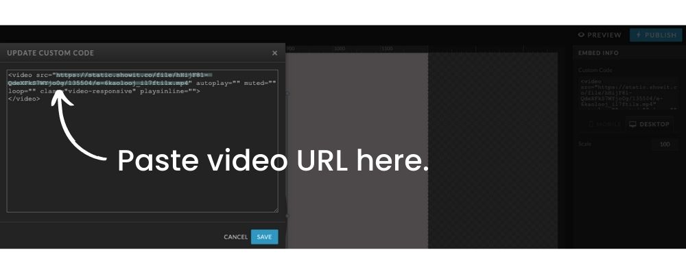 Screen shot showing where to paste image URL into embed code box in Showit.