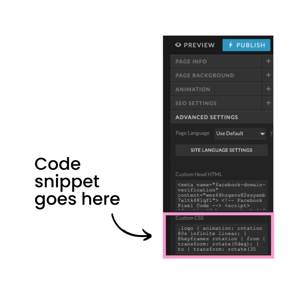 Screen shot demonstrating where to place custom CSS code in Showit page header.