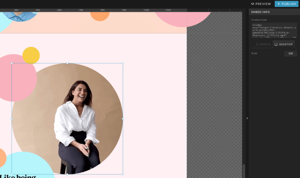 Screen shot demonstrating how to add an embed code box and paste custom code into it in Showit.