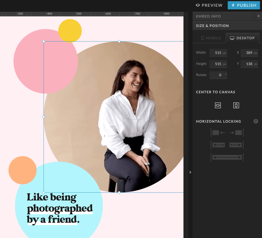Screen shot showing how to set embed box size in Desktop in Showit.