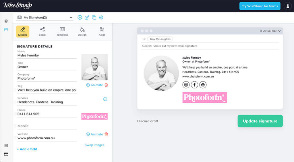 Screenshot showing the Email Signature editing screen in Wise Staqmp