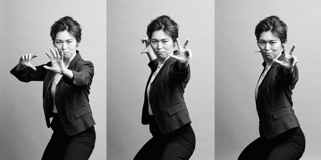 Black and white studio headshots by Photoform* showing a series of photos of a woman doing Karate.