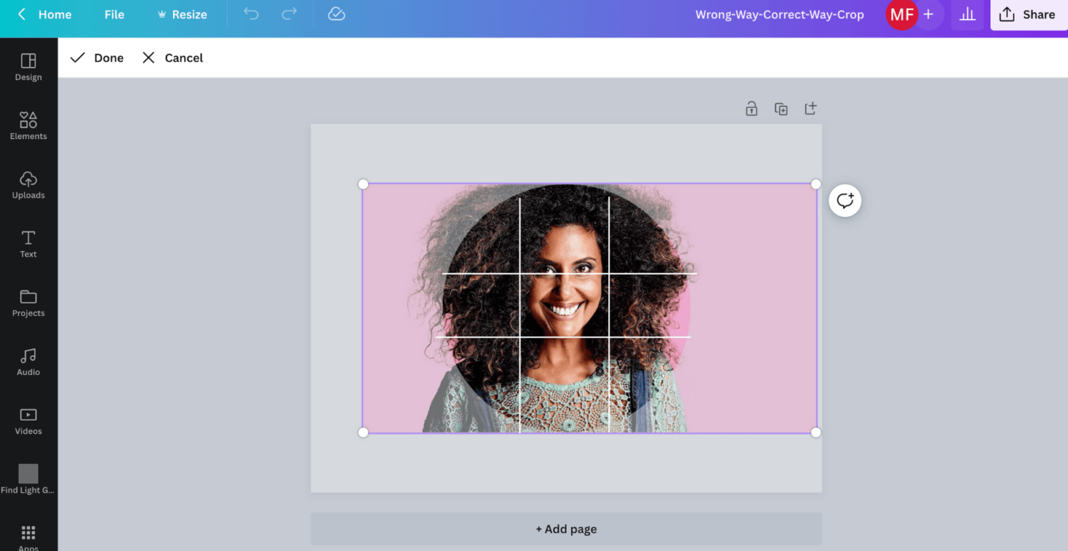 Image cropping in Canva showing vertical and horizontal cropping guides.