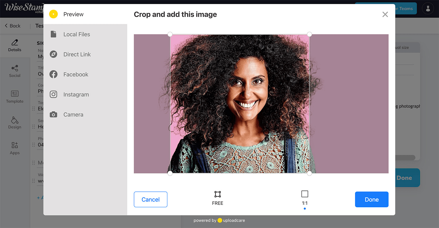 Screen shot showing how to crop signature headshot in Wisestamp.