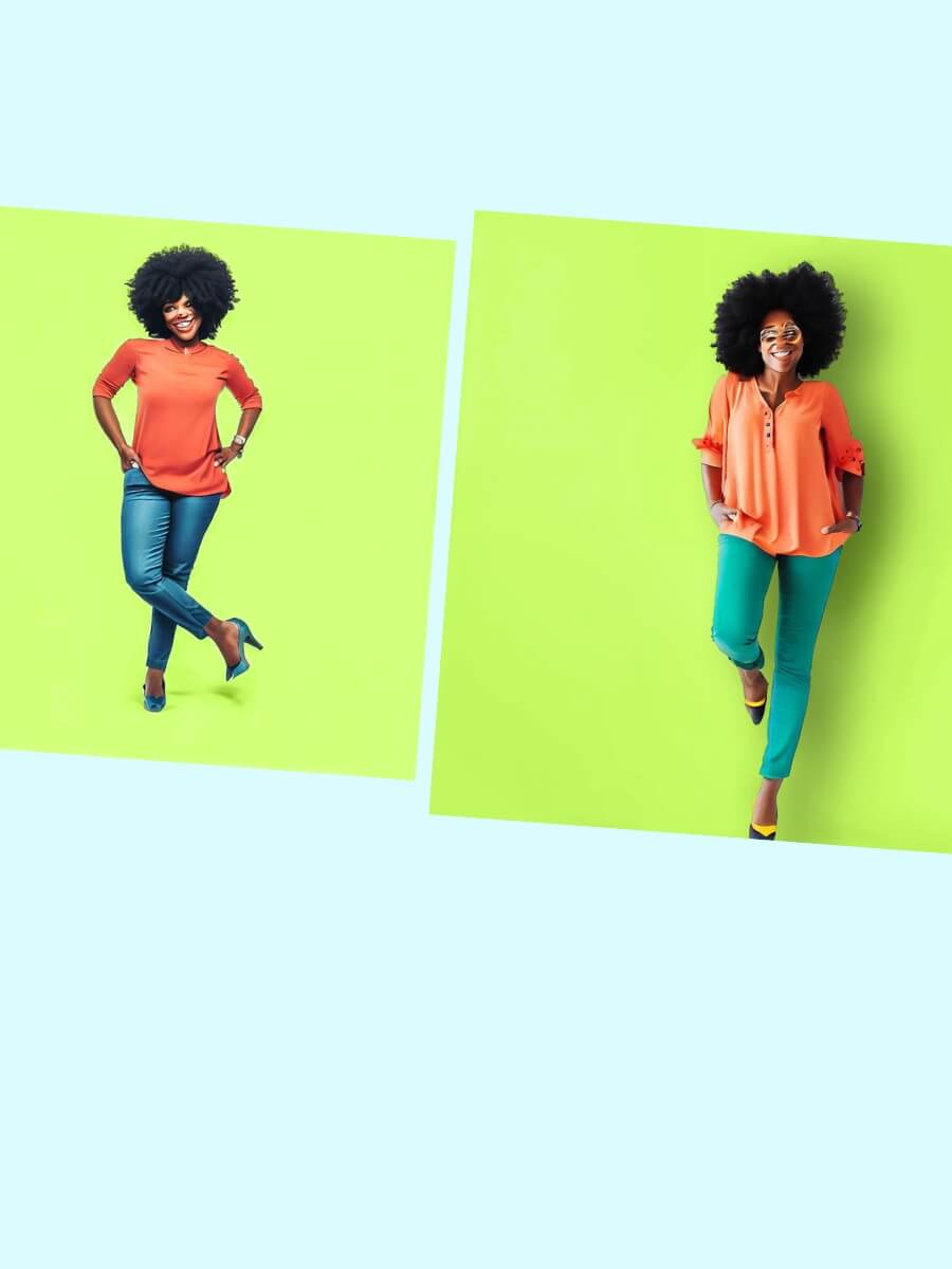 2 examples of poses to make you look more confident in photos.
Subject is AI generated image of an African American woman in jeans and an orange top.
On one she has her hands on her hips and the other she has her hands in her pockets.
The images are a collage and she is on lime green background.