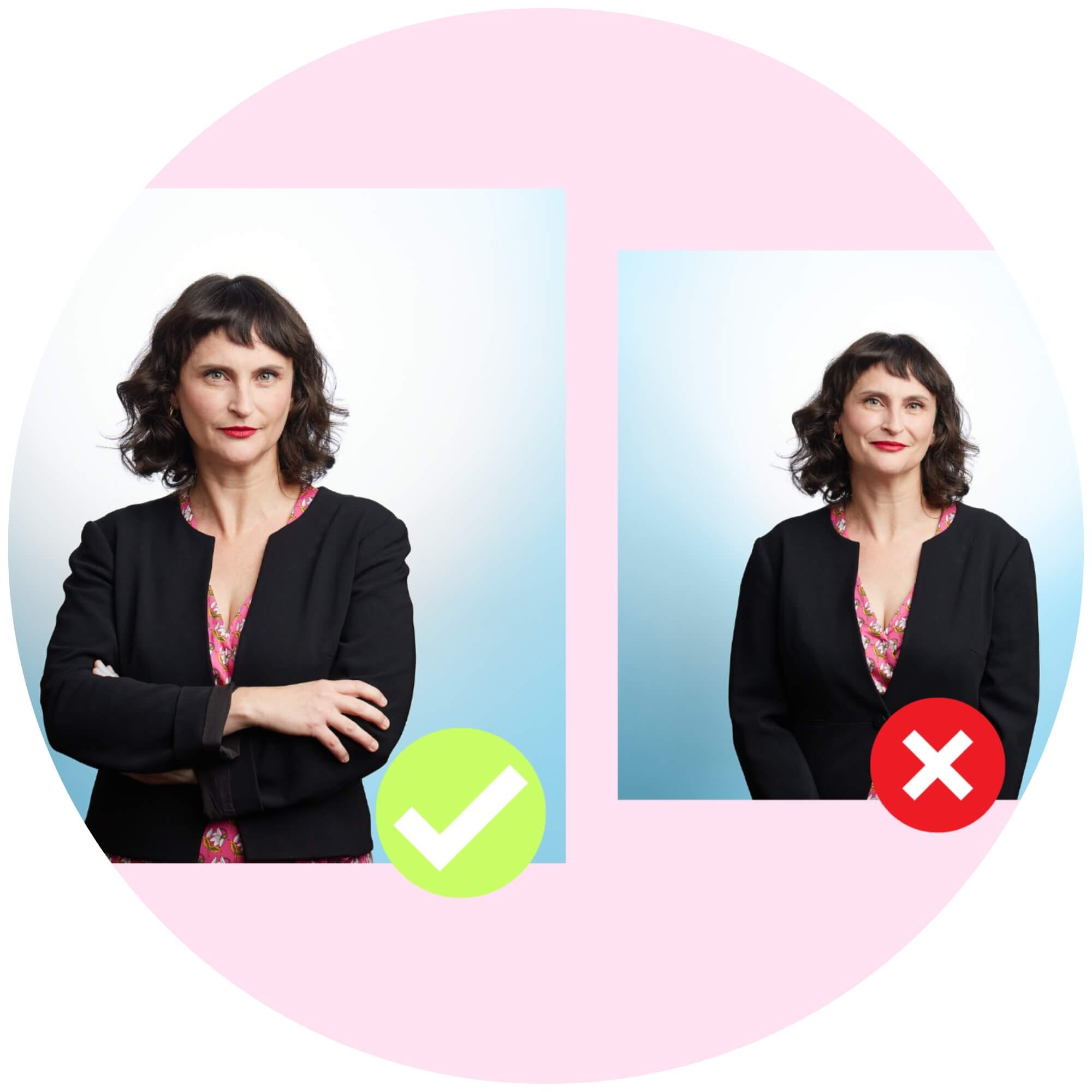 Infographic of an example of a pose to give you more confidence in photos. There's 2 photos of same woman. The confident pose she has her arms folded across her chest. In the other her arms are dangling beside her awkwardly.