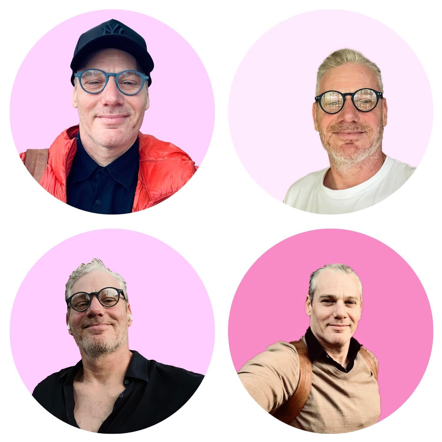4 photos of Myles Formby against shades of pink demonstrating the smize.