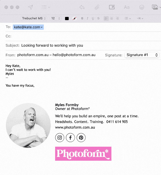 Example of a headshot GIF embedded in an email for Photoform*.
The GIF is a black and white series of headshots of Photoform* founder, Myles Formby.