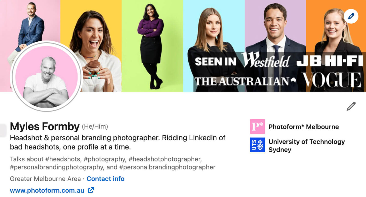 Example of a LinkedIn profile for Myles Formby of Photoform* that shows a visual connection between the profile picture and the background picture.
The example is brightly coloured and has pink, lime green, yellow, light blue, orange and lavender headshot backgrounds.