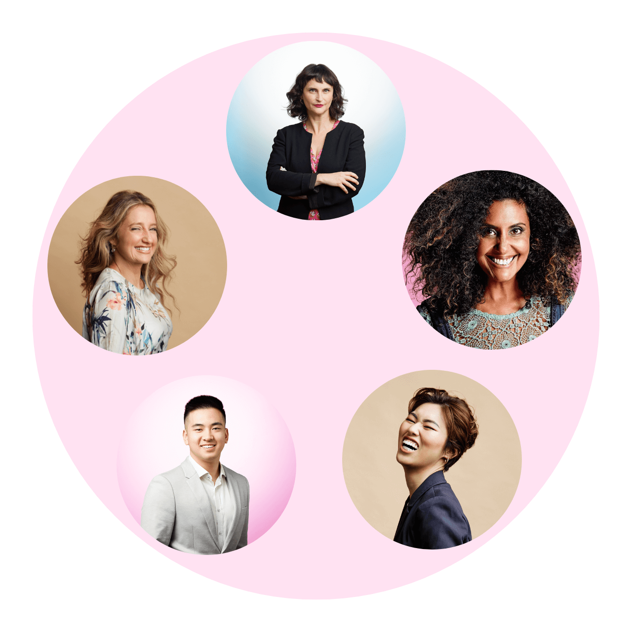 A graphic collage showing 5 examples of professional headshots.
The headshots are in circles against a pale pink background.
There's a blonde woman smiling, a corporate man in grey jacket, a woman laughing, a determined woman arms folded and a smiling woman with an afro.