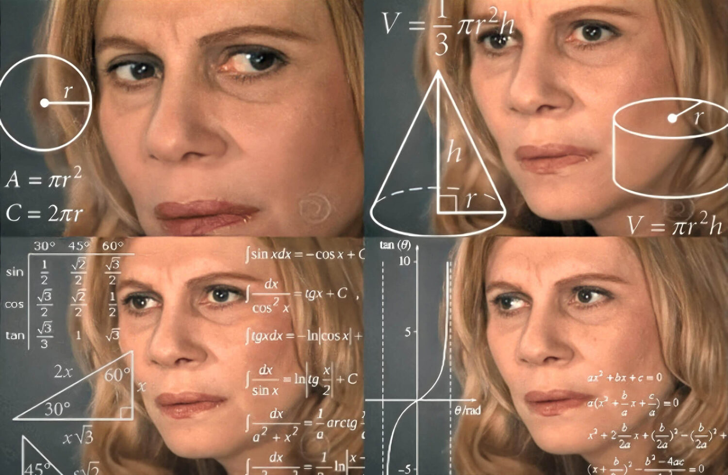 The overthinking woman meme.  A classic meme that satirises a woman overthinking something.
There is 4 close up images of an anxious looking woman overlaid with scientific formulas.
