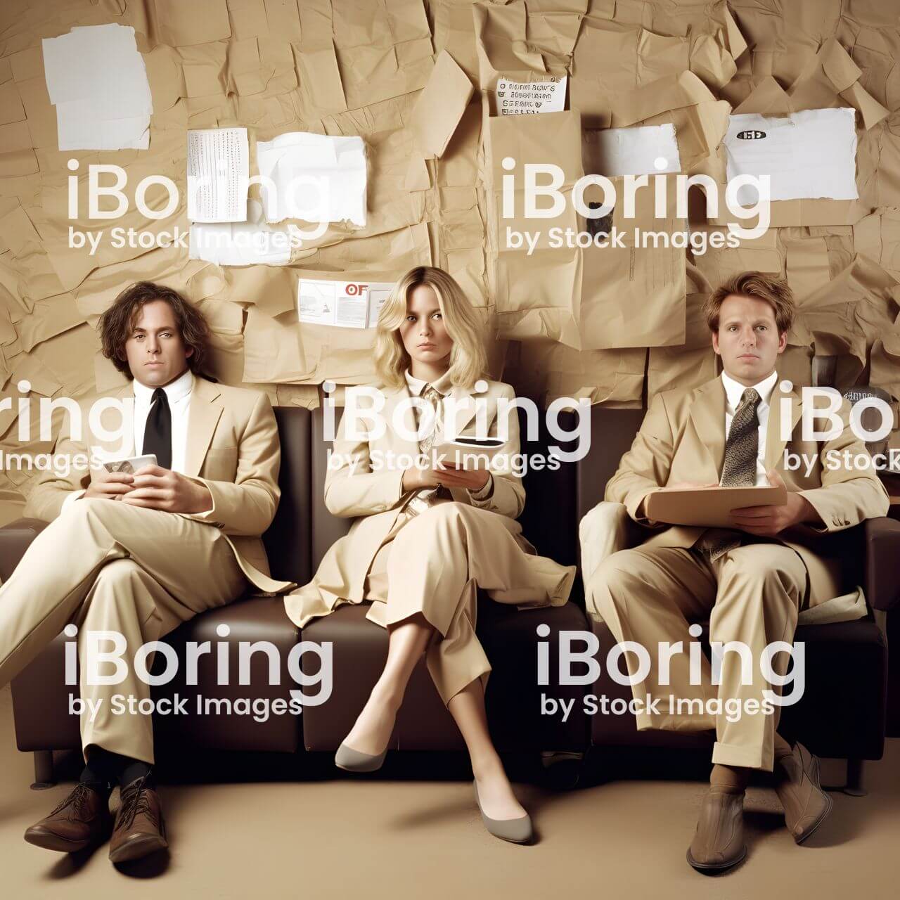 Funny satirical image of a generic business stock photo, generated in Midjourney.
There's 3 people in business attire sitting on a brown couch.  They are wearing beige and the wall is covered in beige.  
There's a watermark of a pretend company: iBoring by Stock Images.