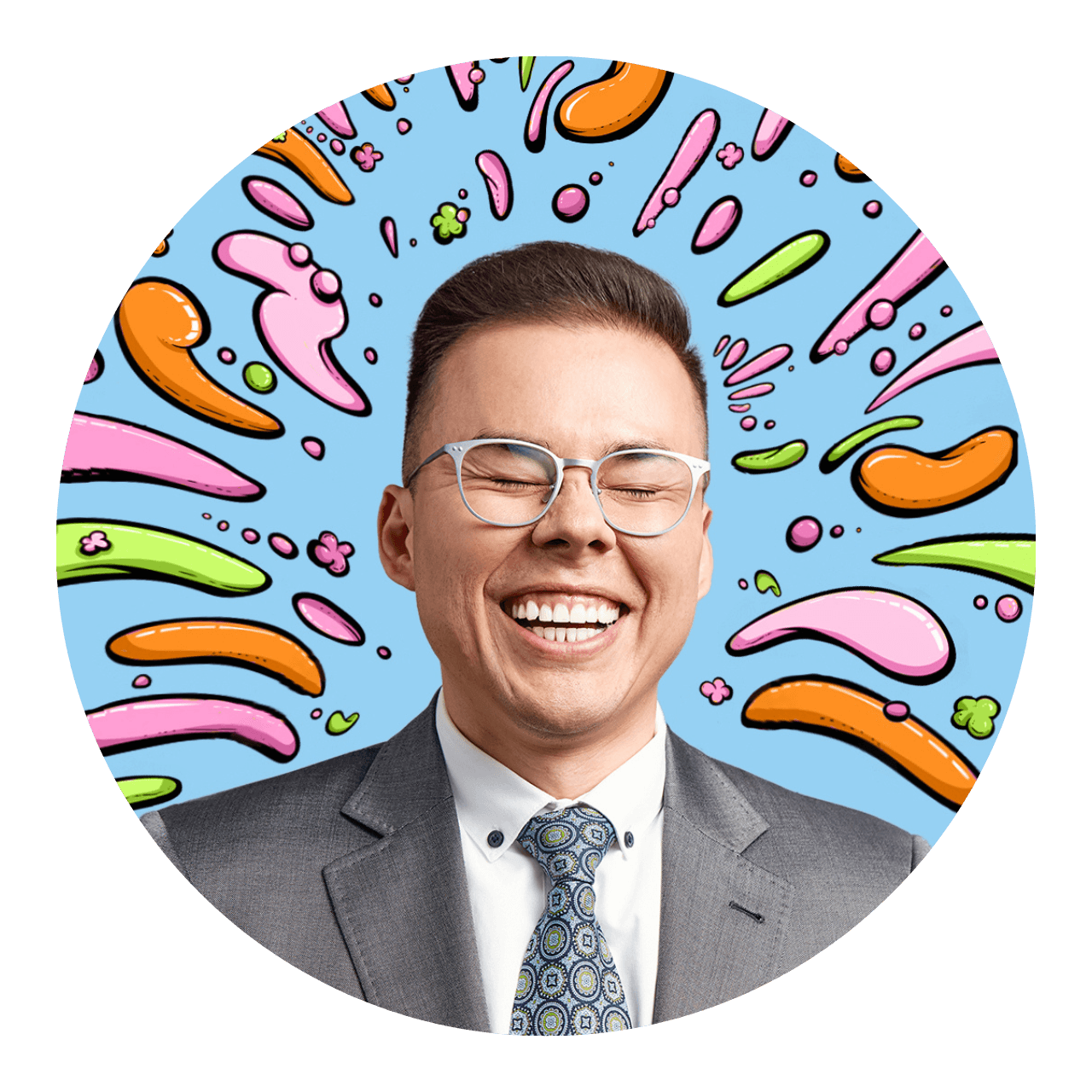 Fun graphic of a man in a suit laughing. He has his eyes closed and is surrounded by bright coloured squiggles against a blue background.