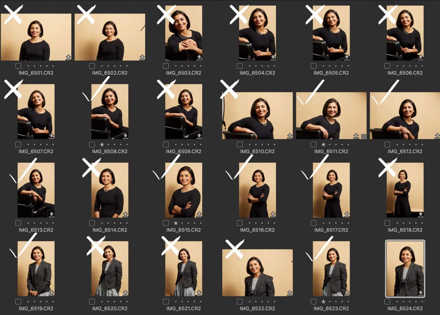 Infographic showing an example of a photoshoot proof sheet.
There is a grid of photos from a photoshoot some with crosses and some with ticks.