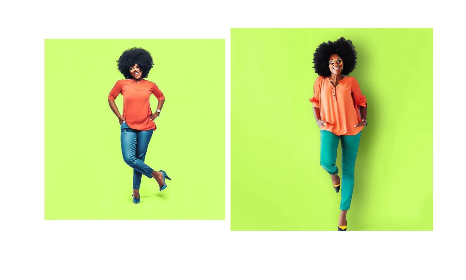 Infographic of posing examples to give you more confidence in photos.  AI generated images of a subject leaning against a wall in one.  The other photo shows her with legs crossed.
Images are of a woman in jeans and an orange top with a lime green background.