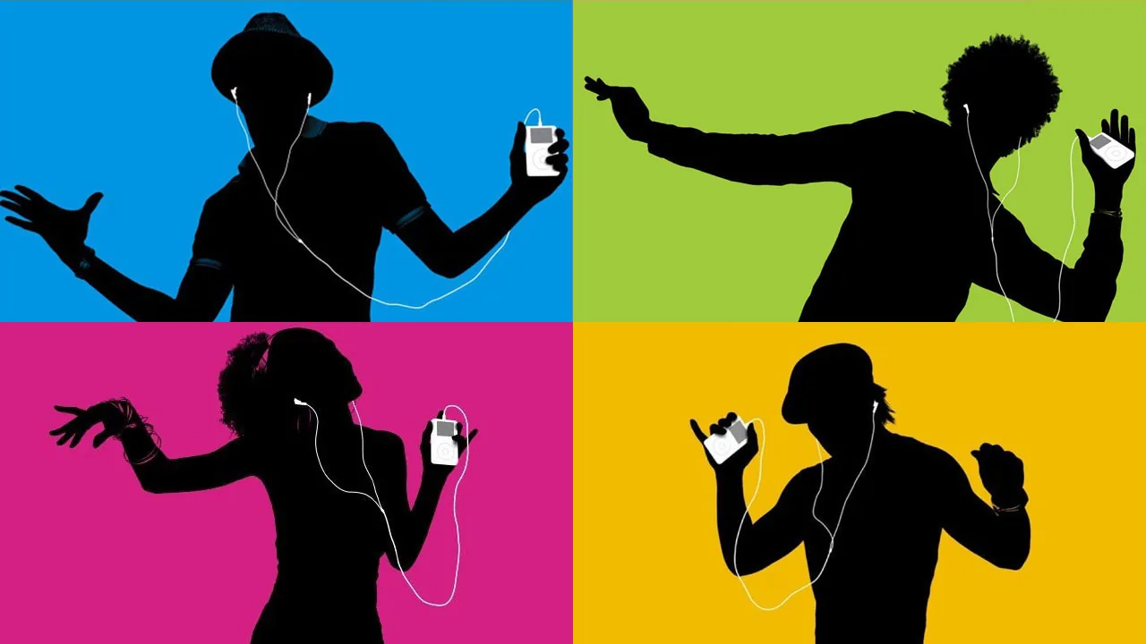 An original advertisement by Apple for the iPod.
The ad is 4 different colour squares and has people in silhouette listening to white iPods.