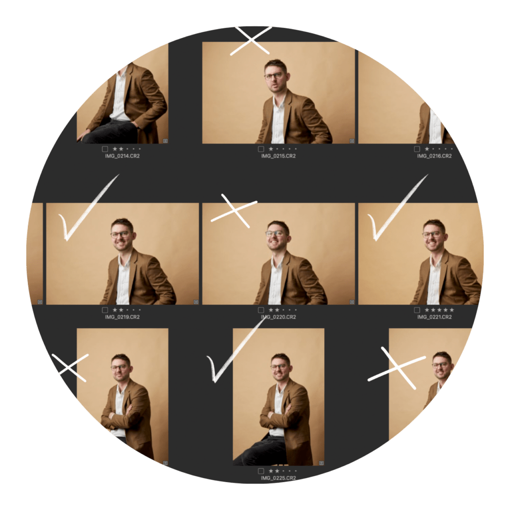 Infographic showing picking the best photos from a photoshoot.
It's a mockup of a photoshoot proof sheet. It shows a grid of thumbnails of a man in a brown jacket against a beige background.
Some images have crosses, some have ticks.