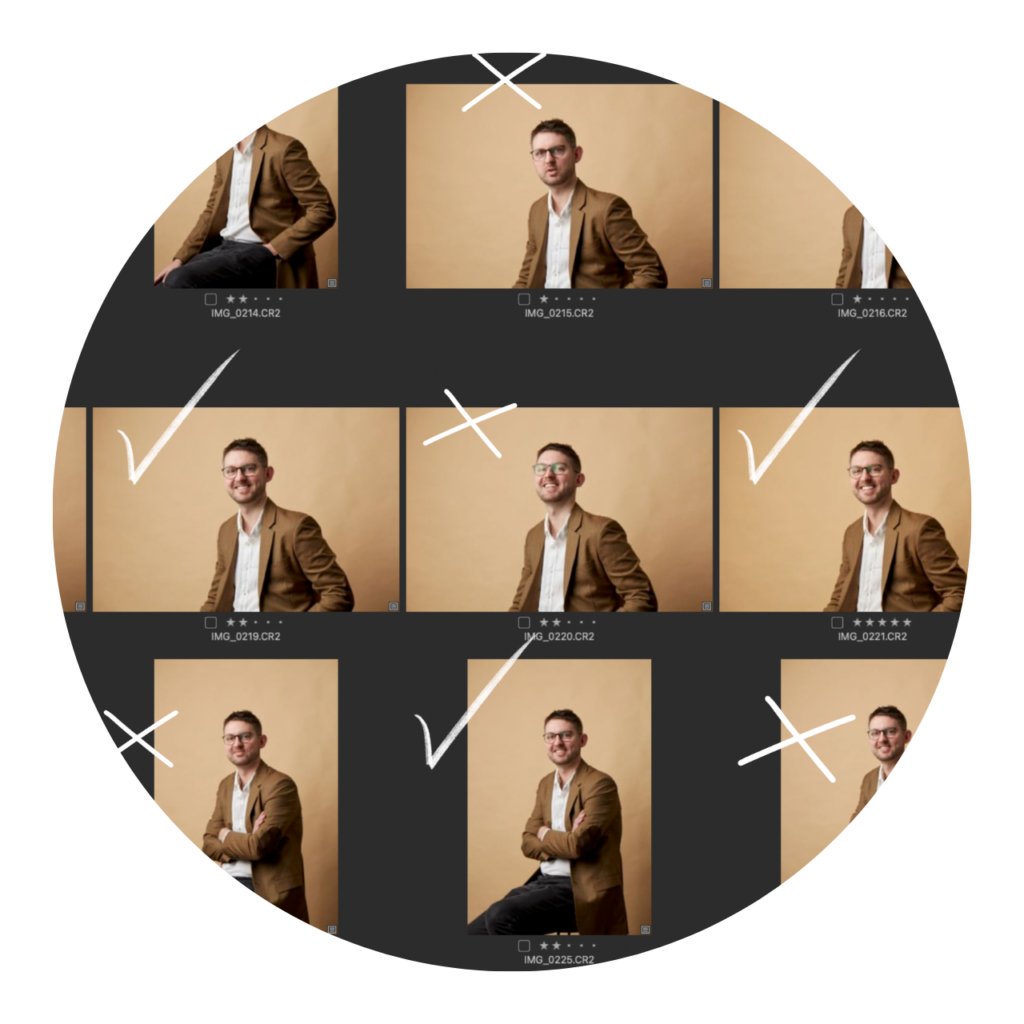 Infographic showing picking the best photos from a photoshoot.
It's a mockup of a photoshoot proof sheet. It shows a grid of thumbnails of a man in a brown jacket against a beige background.
Some images have crosses, some have ticks.