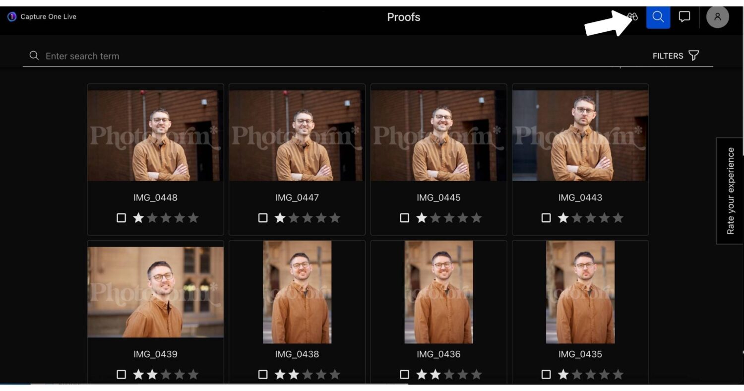 Infographic showing step 1 how to enter filter mode in Capture One Live to filter out the best photos from a photoshoot.