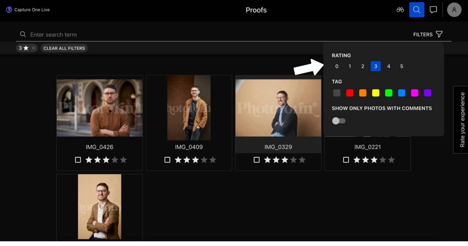 Infographic showing step 2, selecting the filter in Capture One Live by stars.
The example shows a filter of all 3 starred images.