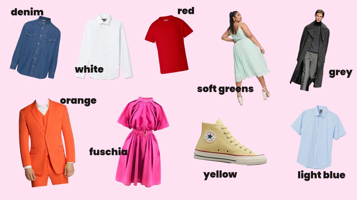 Flat-lay mockup or ideas of clothes to pair with pink.  It shows: denim, white, red, soft greens, grey, orange, fuschia, yellow, light blue.