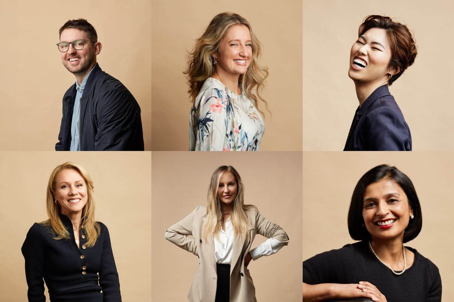 Infographic showing a range of beige backgrounds used in studio photoshoots. All headshots are by Photoform*.