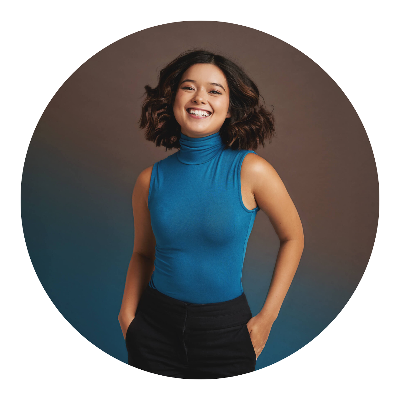 Joyful woman in a blue turtleneck against a brown background with a blue gradient.