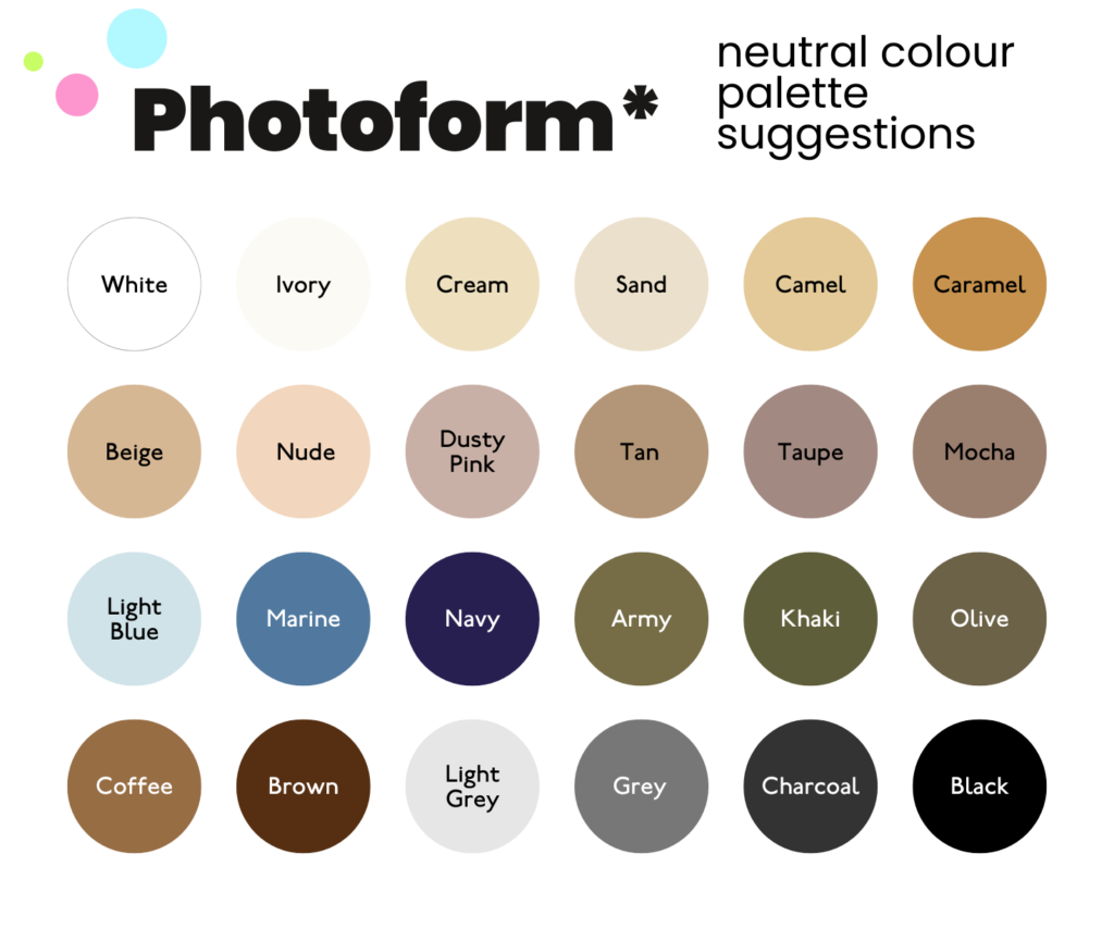 Infographic showing a colour swatch of neutral colour palette suggestions.